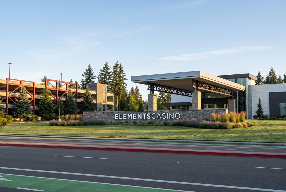 Casino lawn and canopy seen from the highway